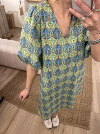 Print puff V-dress Azzurro - green