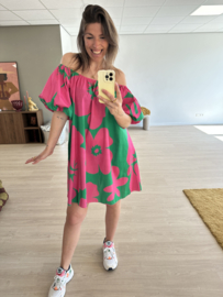 Print off shoulder dress - green/pink