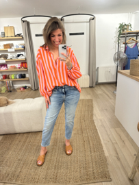 Stripe cotton waffle blouse - orange/pink