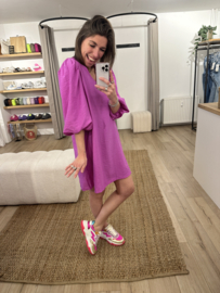 Puff ceintuur pocket dress Azzurro - magenta