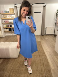 Puff pocket V-dress Azzurro - blue