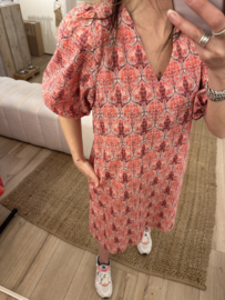 Print puff V-dress Azzurro - red