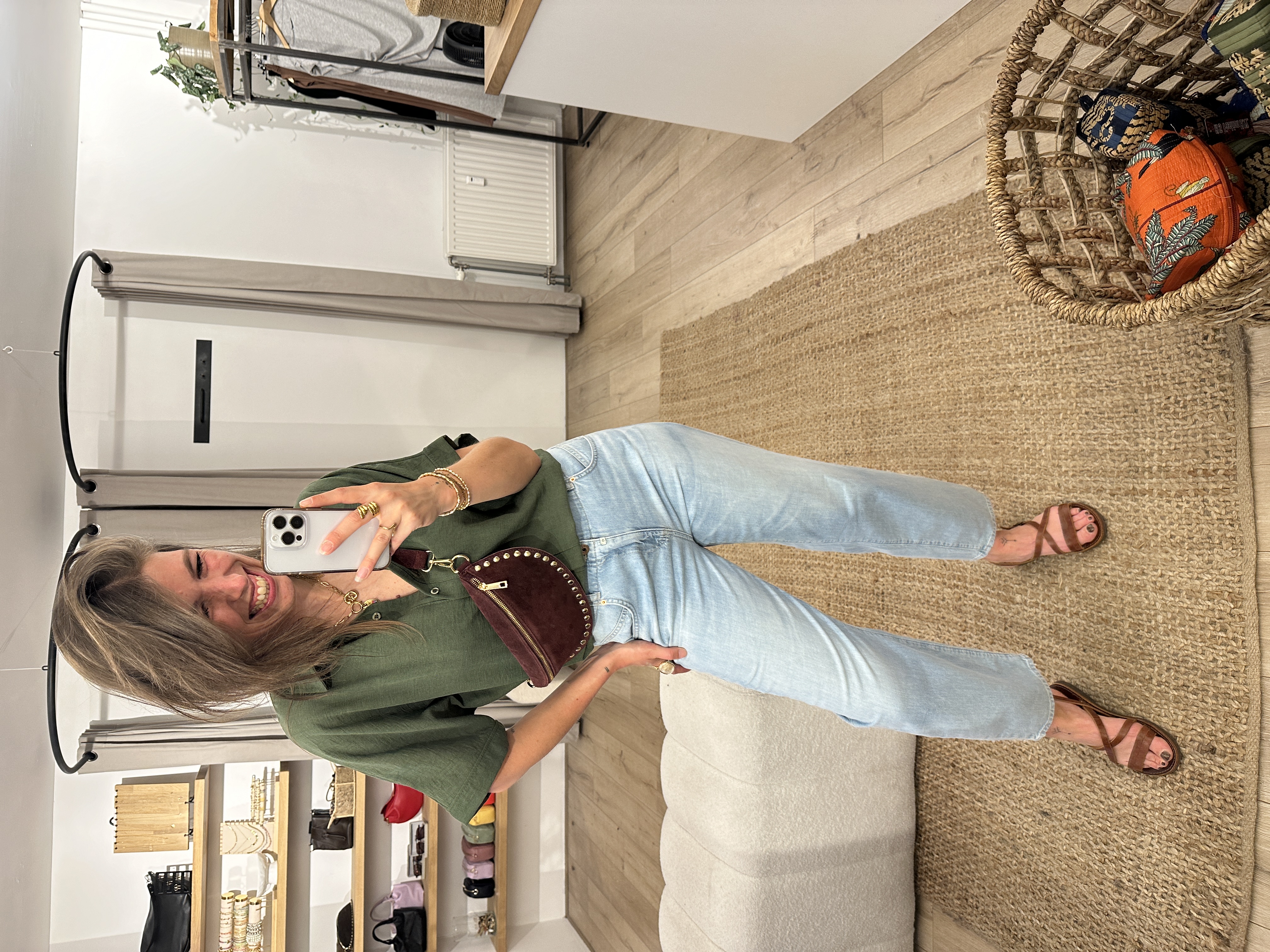 Linen mix short blouse Azzurro - army green