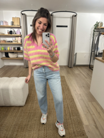 Stripe short V-pull Azzurro - pink/lime