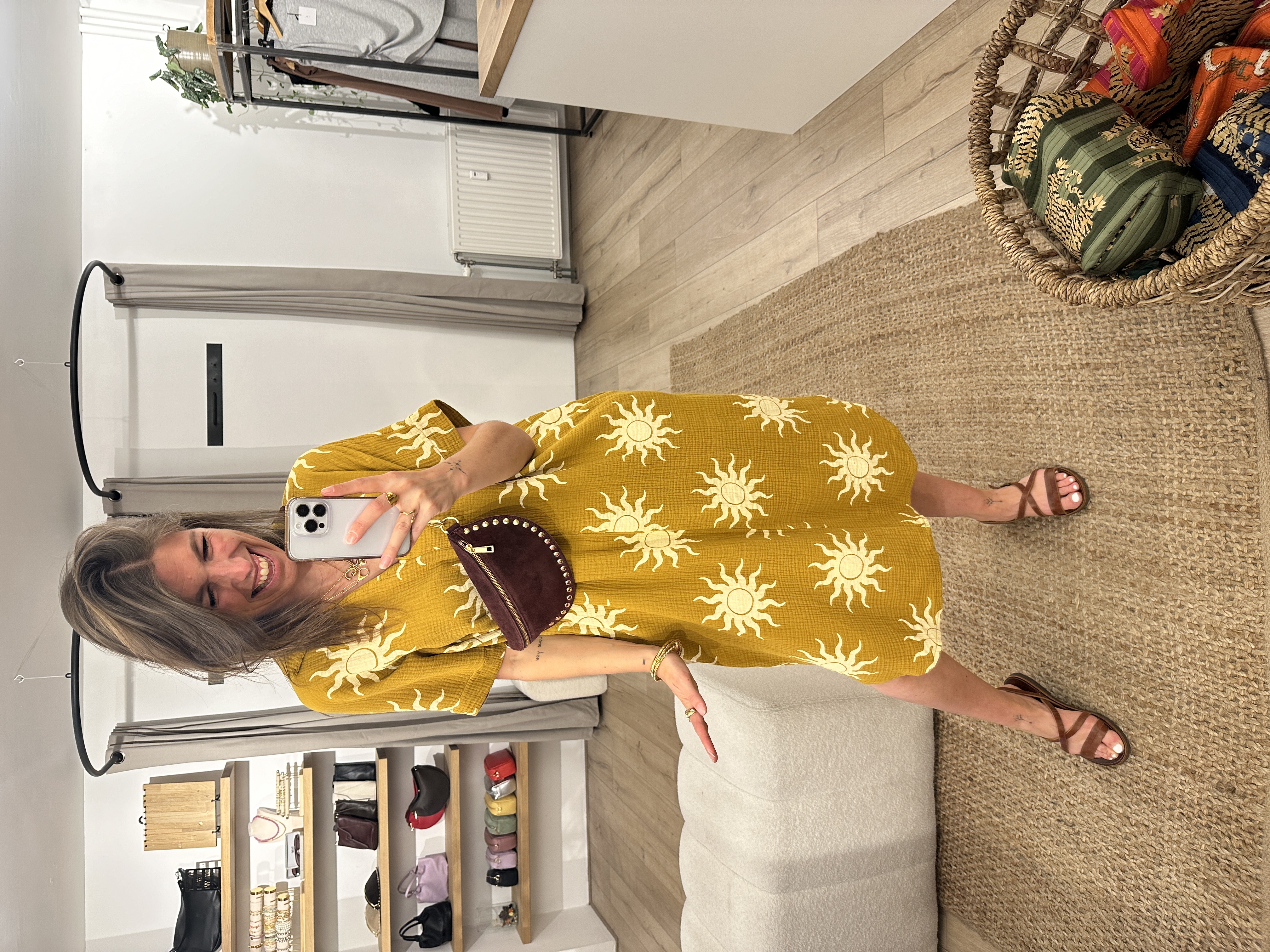 Cotton waffle print dress - yellow