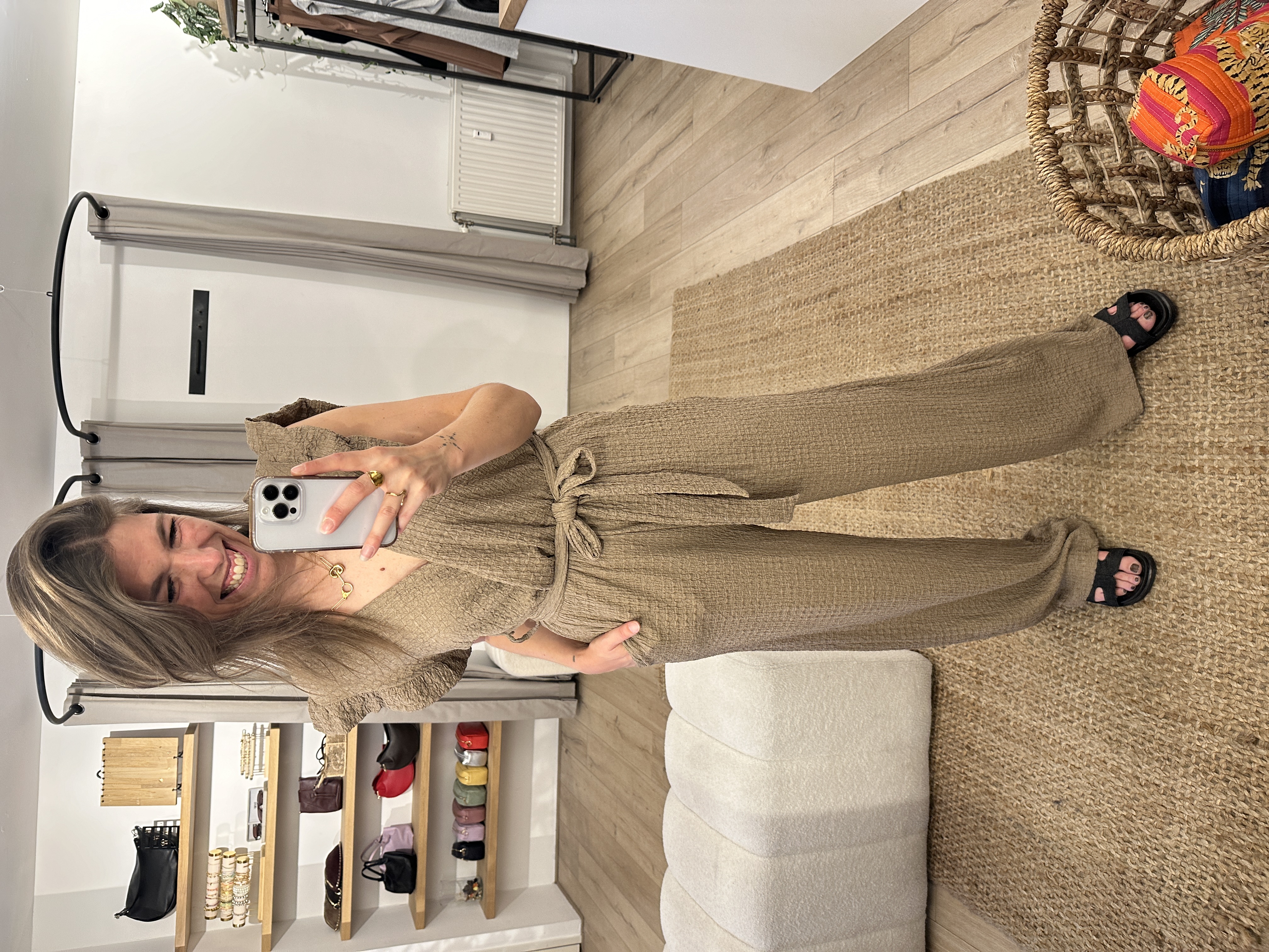 Crinkle ruffle jumpsuit Azzurro - camel