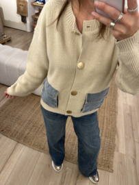 Button denim pocket cardigan - beige