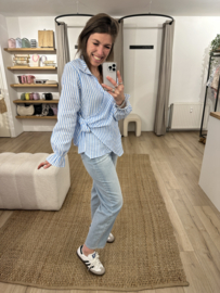 Cotton waffle stripe bow blouse - blue