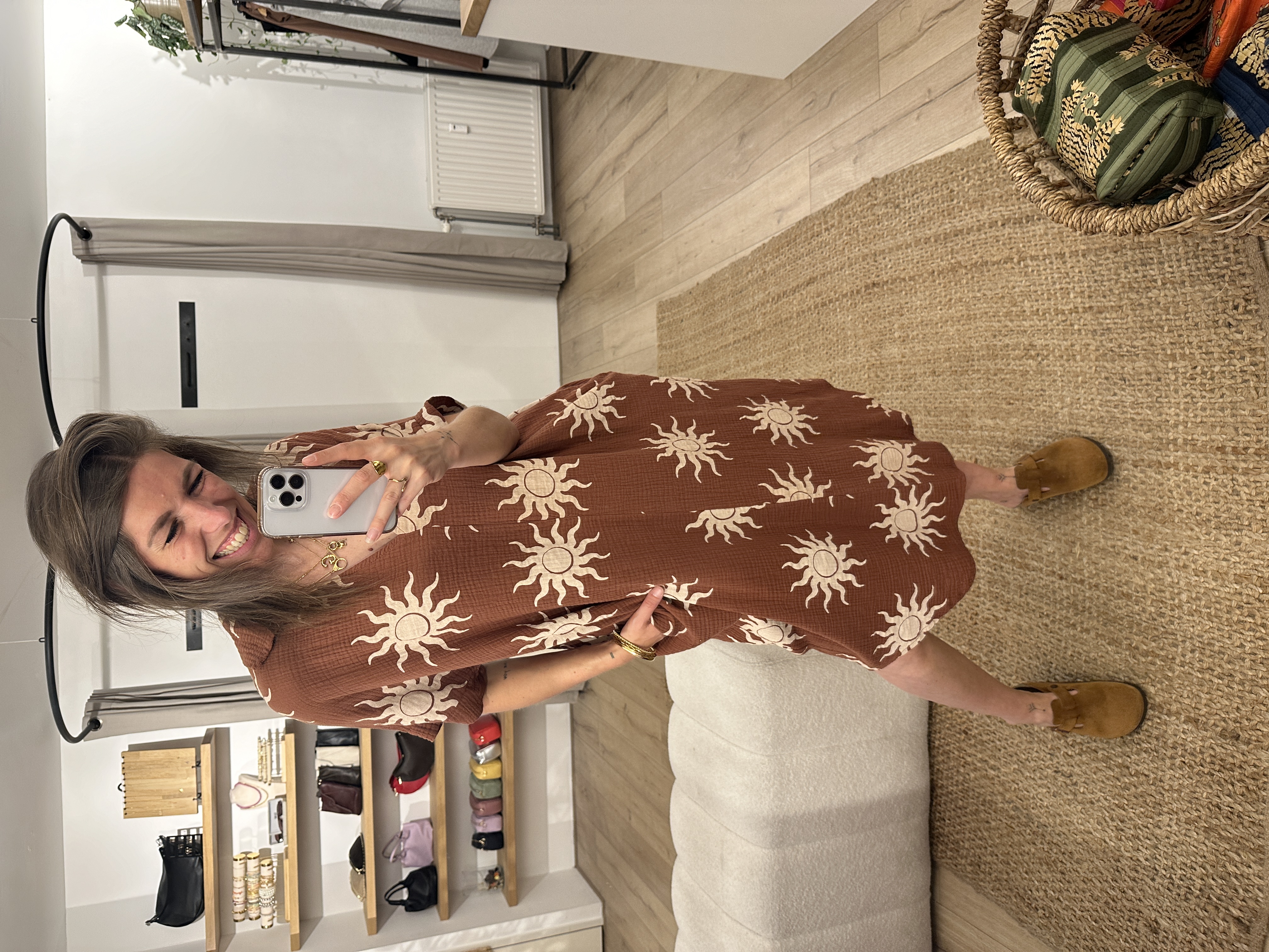 Cotton waffle print dress - brown