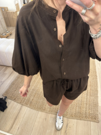 Linen puff blouse Ambika - dark brown
