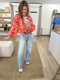 Print wide cotton blouse Azzurro - fuchsia
