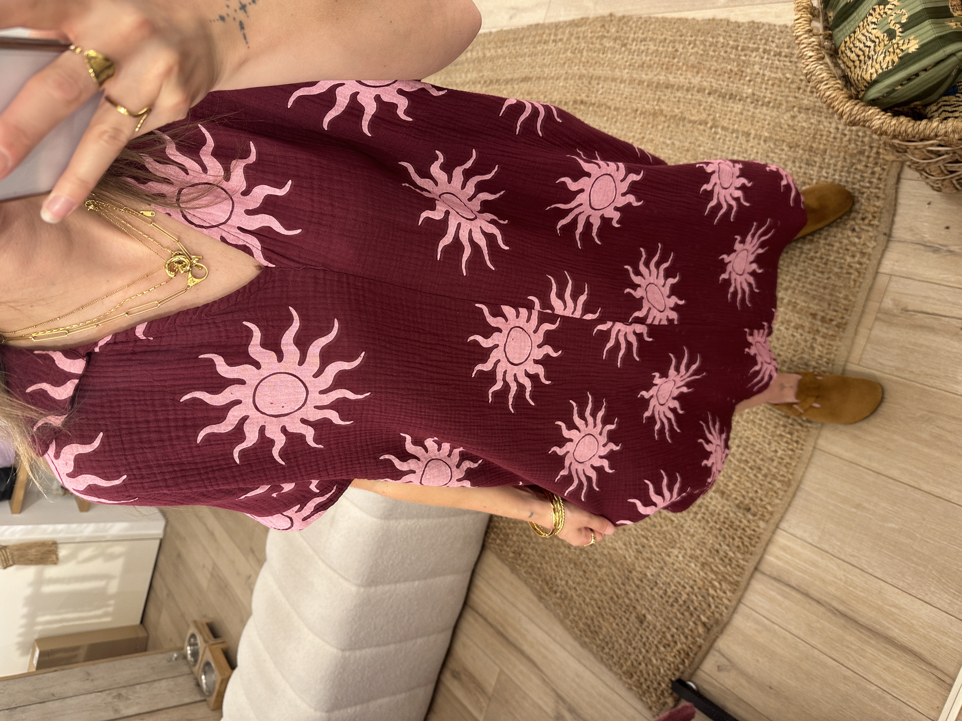 Cotton waffle print dress - bordeaux