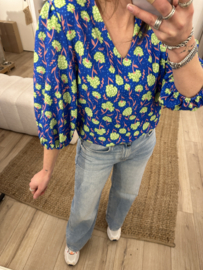 Print V-blouse Azzurro - cobalt