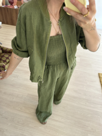 Linen short bomber - army green