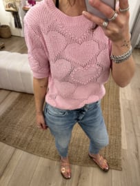 Heart knitted short pull Azzurro - pink light