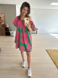 Print off shoulder dress - green/pink