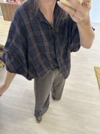 Check puff button blouse 2.0 - dark brown