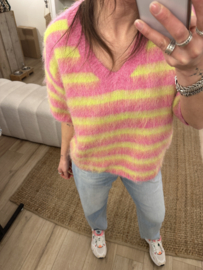 Stripe short V-pull Azzurro - pink/lime