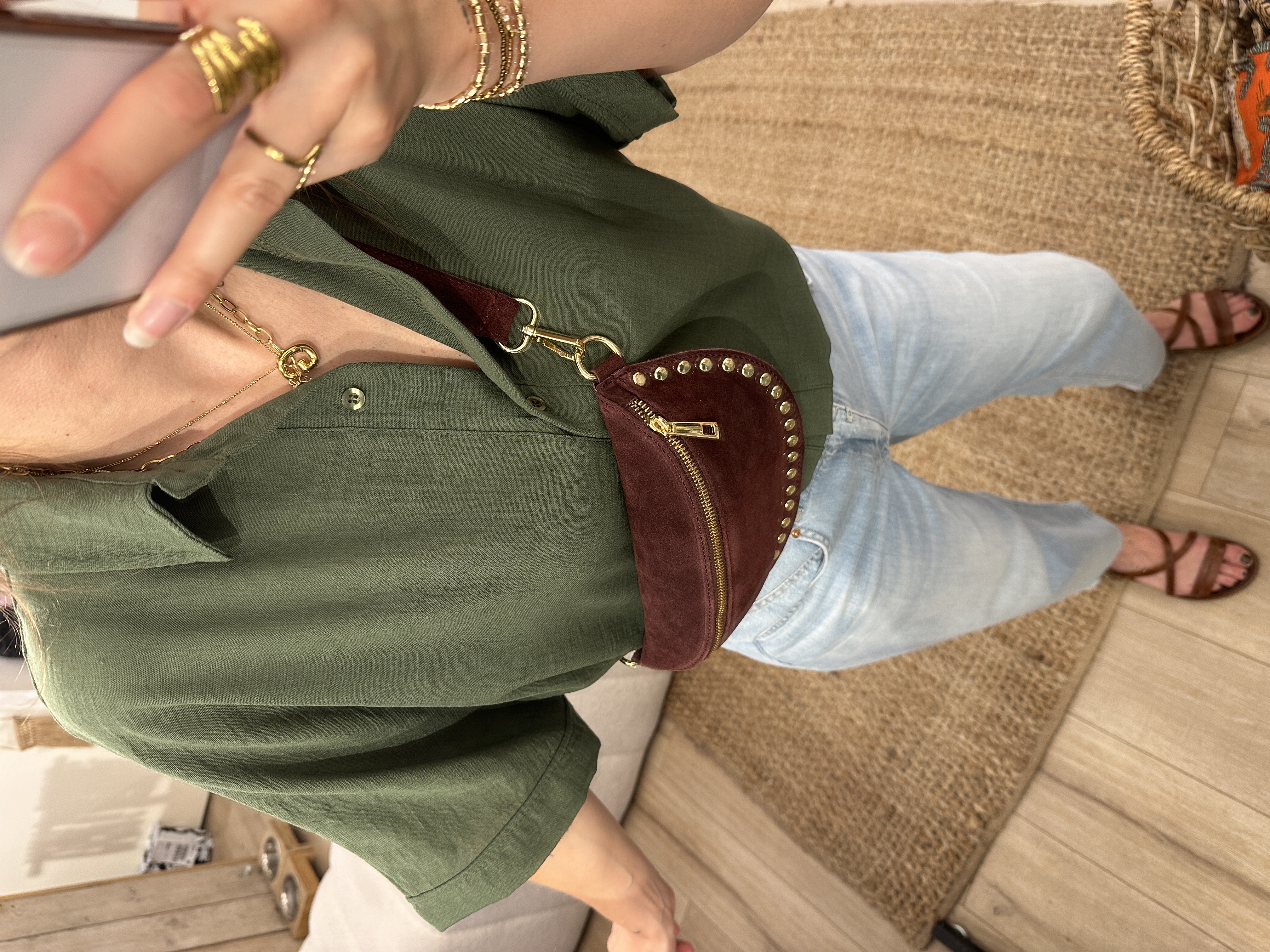 Linen mix short blouse Azzurro - army green