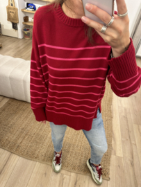 Cotton knitted stripe pull Azzurro - dark red