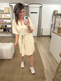 Puff pocket V-dress Azzurro - beige