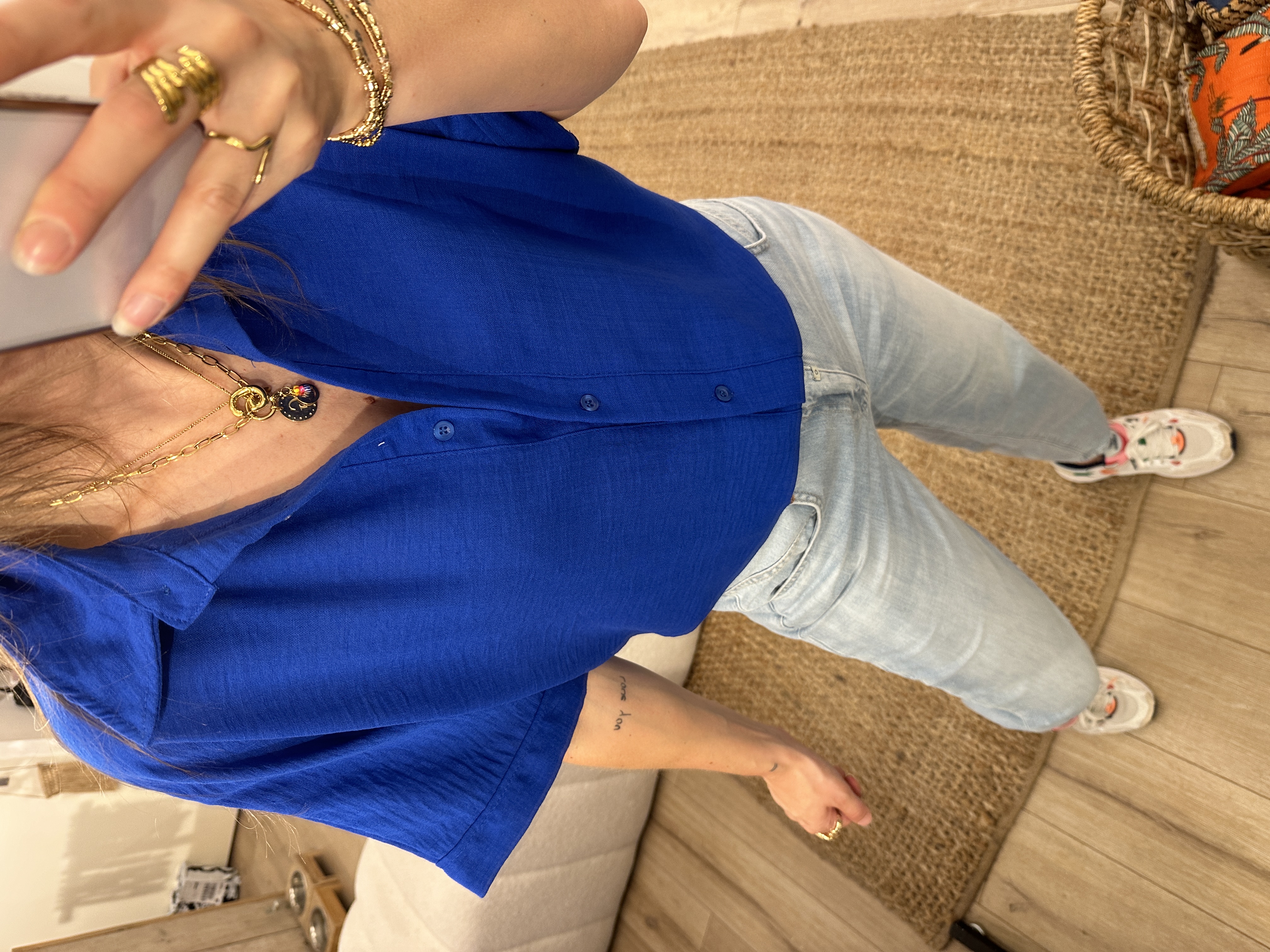 Linen mix short blouse Azzurro - cobalt