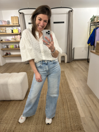Embroidery puff blouse Azzurro - white