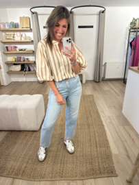 Stripe puff short blouse - beige