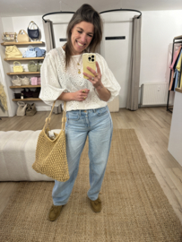 Embroidery puff tee Azzurro - white