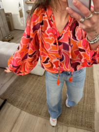 Print wide cotton blouse Azzurro - fuchsia