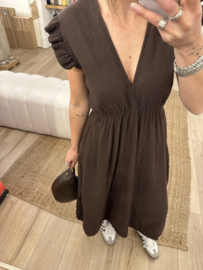 Cotton waffle ruffle dress - dark brown
