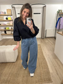 Cotton puff short blouse Azzurro - dark blue