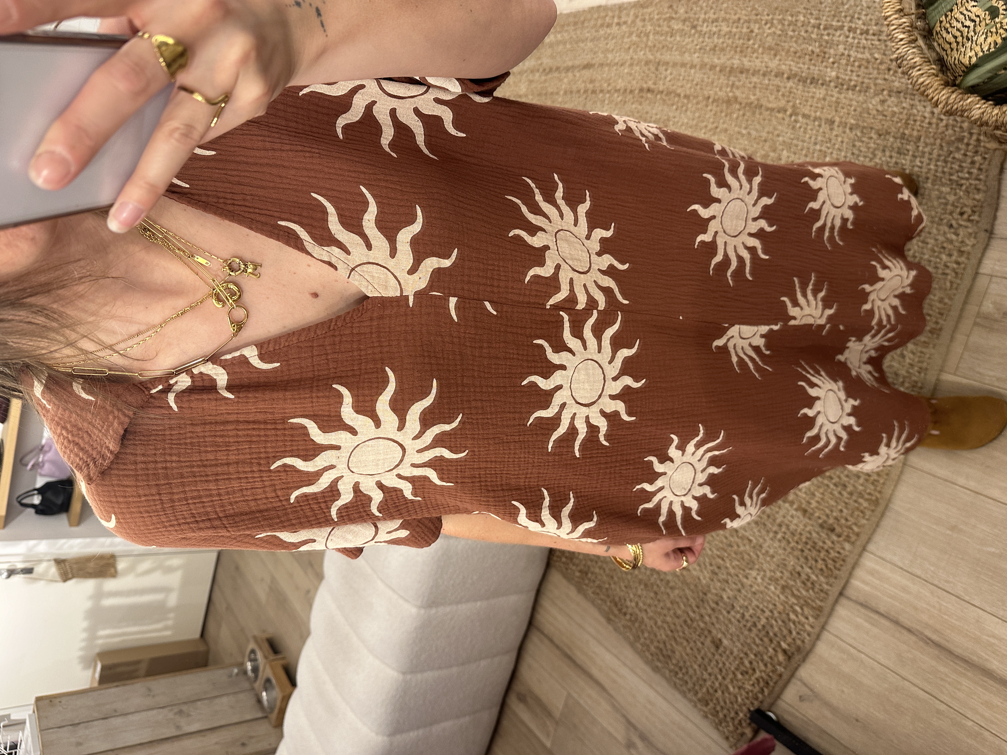 Cotton waffle print dress - brown