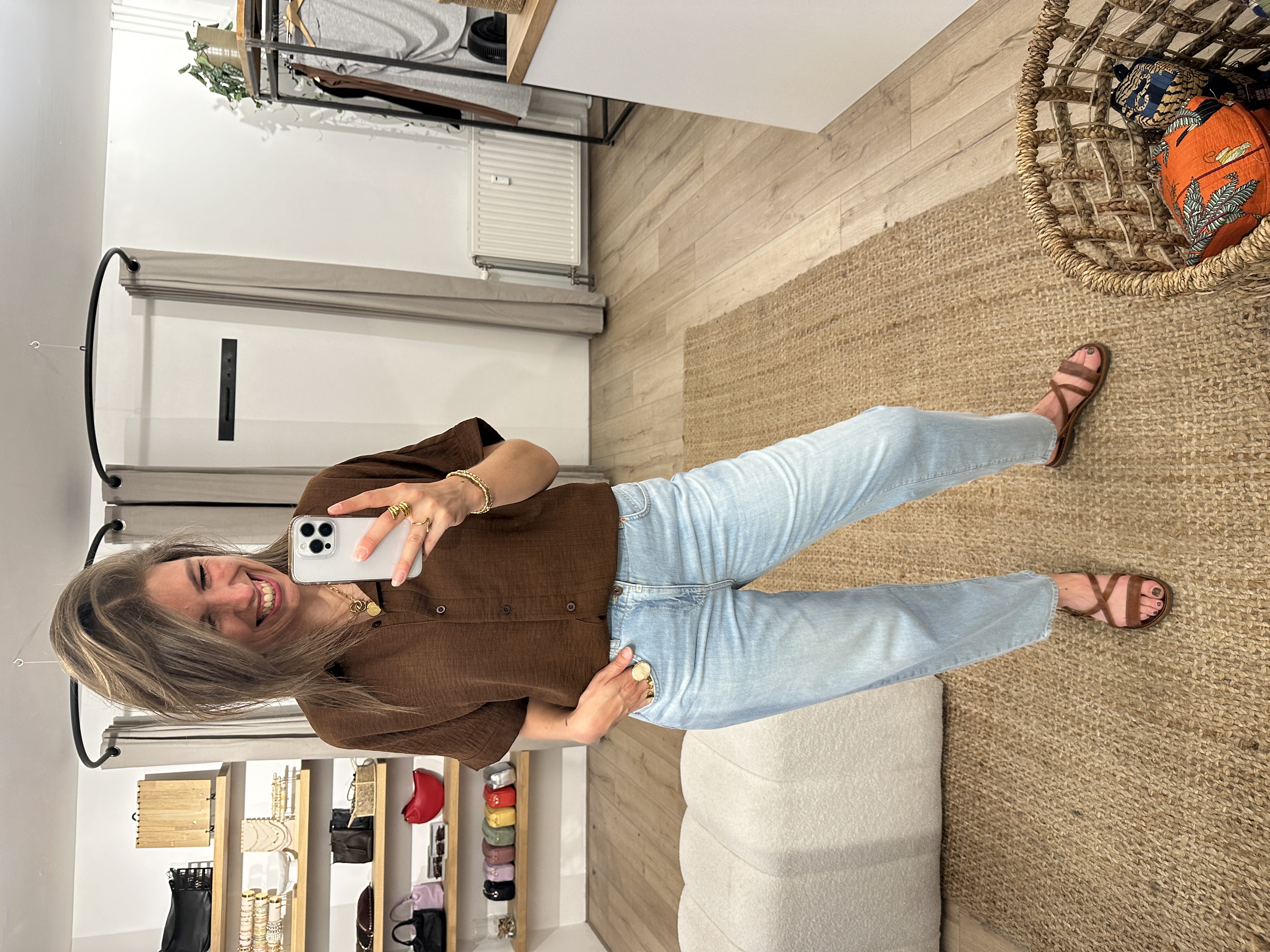 Linen mix short blouse Azzurro - dark brown