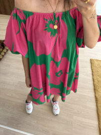 Print off shoulder dress - green/pink
