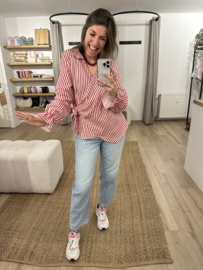 Cotton waffle stripe bow blouse - red