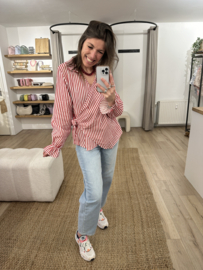 Cotton waffle stripe bow blouse - red