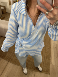 Cotton waffle stripe bow blouse - blue