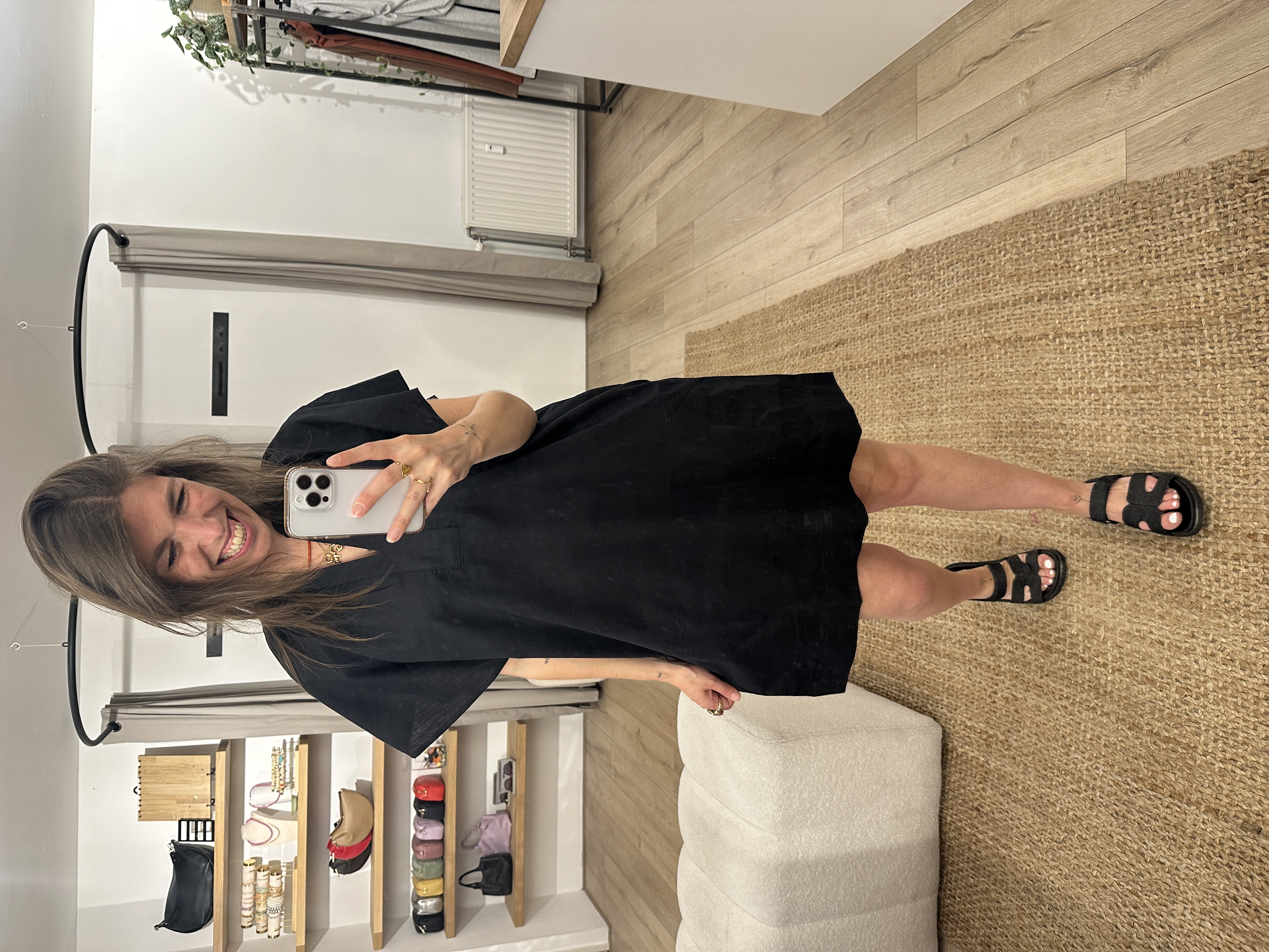 Cotton linen dress Azzurro - black