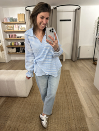 Cotton waffle stripe bow blouse - blue
