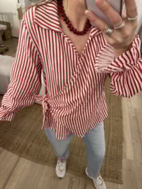 Cotton waffle stripe bow blouse - red