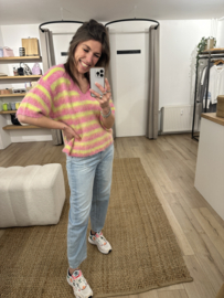 Stripe short V-pull Azzurro - pink/lime