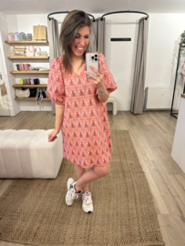 Print puff V-dress Azzurro - red