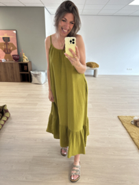 Cotton waffle ruffle dress - moss green
