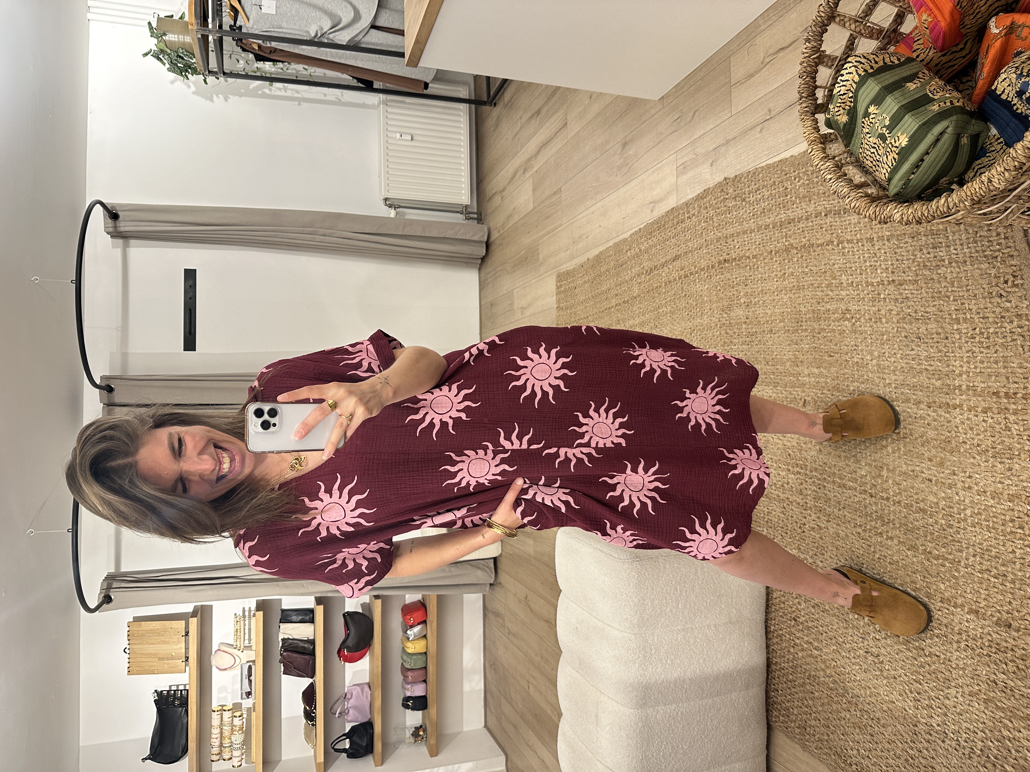 Cotton waffle print dress - bordeaux