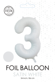 Folieballon cijfer 3 satin white 86cm