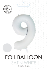 Folieballon cijfer 9 satin white 86cm