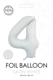 Folieballon cijfer 4 satin white 86cm