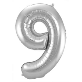 Folieballon cijfer 9 Zilver 86cm
