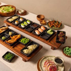 Pure Acacia Wood Borreltray 69 cm 7-vaks met schaaltjes Zwart